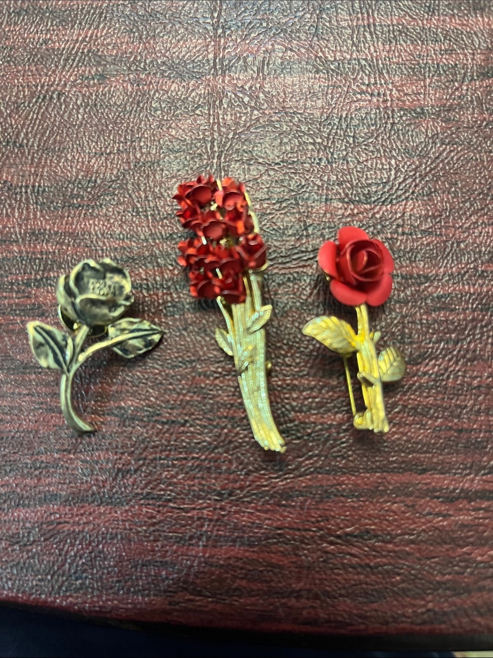 Red Floral Brooch Trio - Vintage-Inspired Rose Pins;1 signed DM97